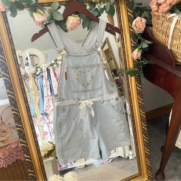 Light Denim Cottage-core Overalls With Floral Embroidered Heart - Picture 5 of 7